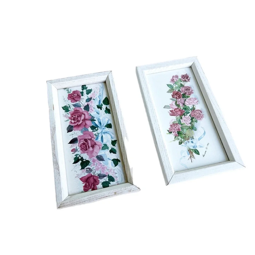 Vintage Signed 1990's Wall Hangings : Shabby Chic Pink Roses Pair Of Pictures